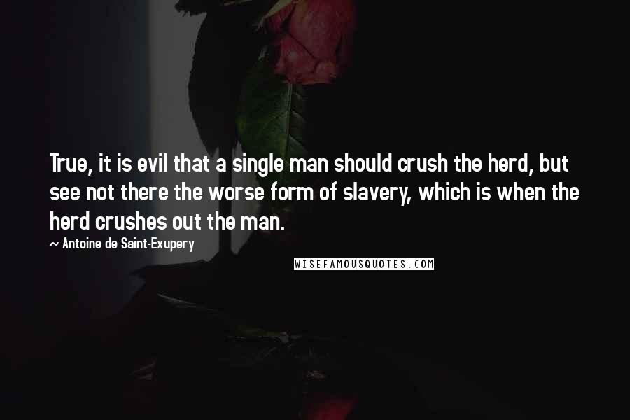 Antoine De Saint-Exupery Quotes: True, it is evil that a single man should crush the herd, but see not there the worse form of slavery, which is when the herd crushes out the man.