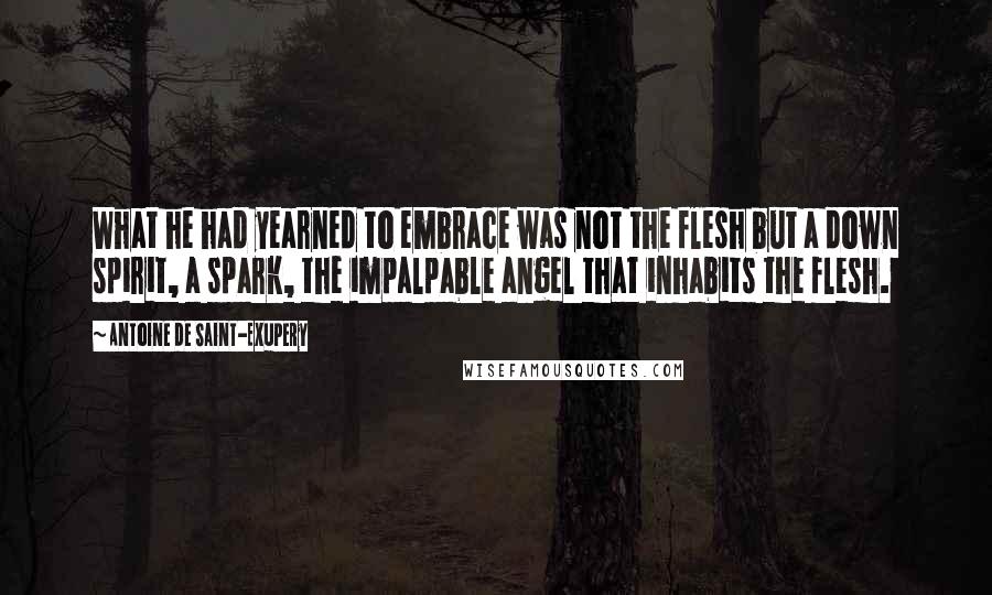 Antoine De Saint-Exupery Quotes: What he had yearned to embrace was not the flesh but a down spirit, a spark, the impalpable angel that inhabits the flesh.