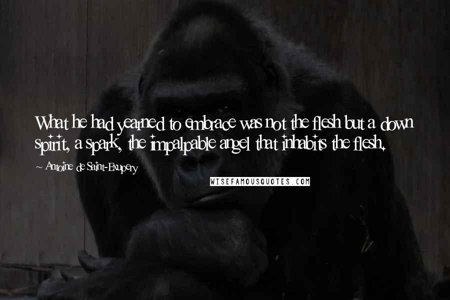 Antoine De Saint-Exupery Quotes: What he had yearned to embrace was not the flesh but a down spirit, a spark, the impalpable angel that inhabits the flesh.