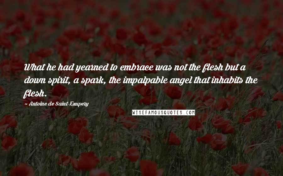 Antoine De Saint-Exupery Quotes: What he had yearned to embrace was not the flesh but a down spirit, a spark, the impalpable angel that inhabits the flesh.