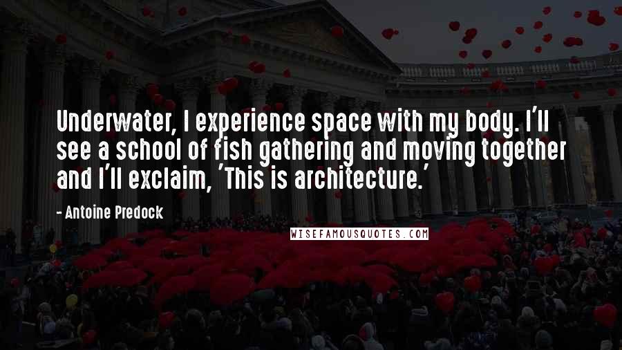 Antoine Predock Quotes: Underwater, I experience space with my body. I'll see a school of fish gathering and moving together and I'll exclaim, 'This is architecture.'