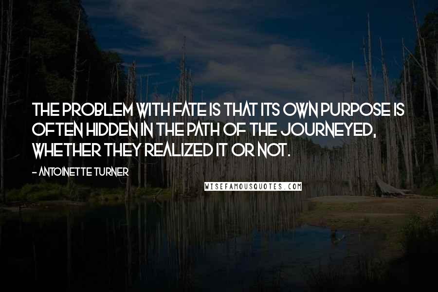Antoinette Turner Quotes: The problem with Fate is that its own purpose is often hidden in the path of the journeyed, whether they realized it or not.