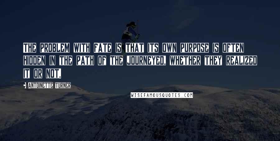 Antoinette Turner Quotes: The problem with Fate is that its own purpose is often hidden in the path of the journeyed, whether they realized it or not.