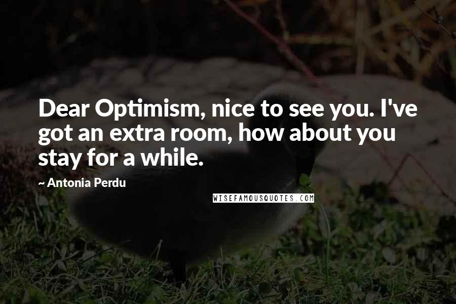 Antonia Perdu Quotes: Dear Optimism, nice to see you. I've got an extra room, how about you stay for a while.