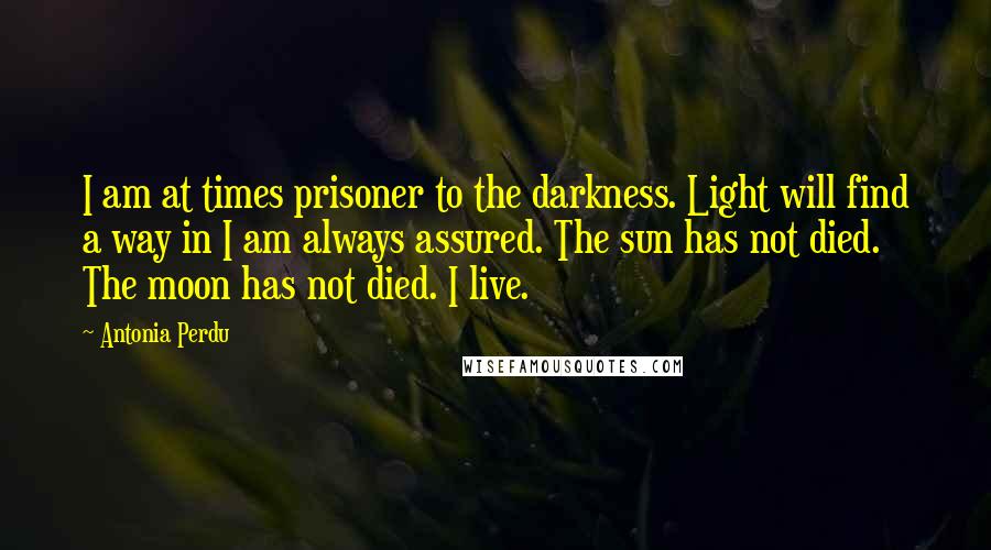 Antonia Perdu Quotes: I am at times prisoner to the darkness. Light will find a way in I am always assured. The sun has not died. The moon has not died. I live.