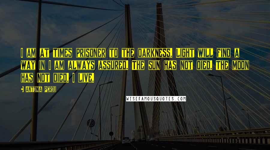 Antonia Perdu Quotes: I am at times prisoner to the darkness. Light will find a way in I am always assured. The sun has not died. The moon has not died. I live.