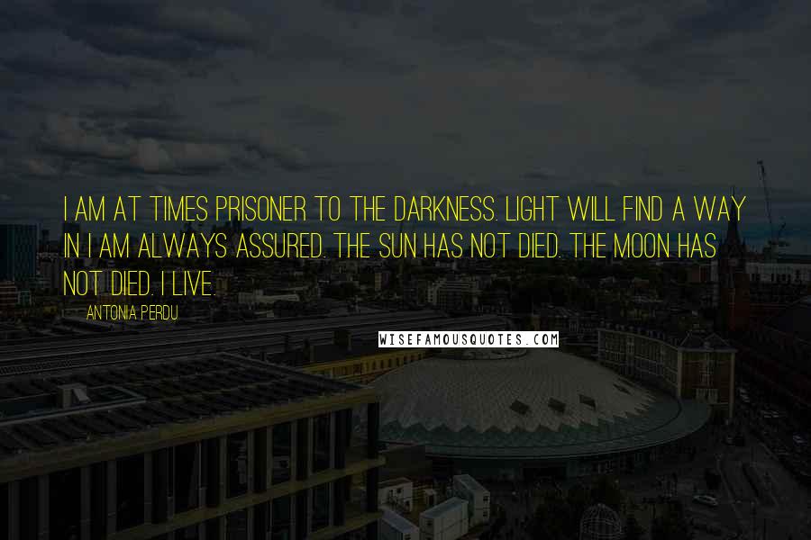 Antonia Perdu Quotes: I am at times prisoner to the darkness. Light will find a way in I am always assured. The sun has not died. The moon has not died. I live.