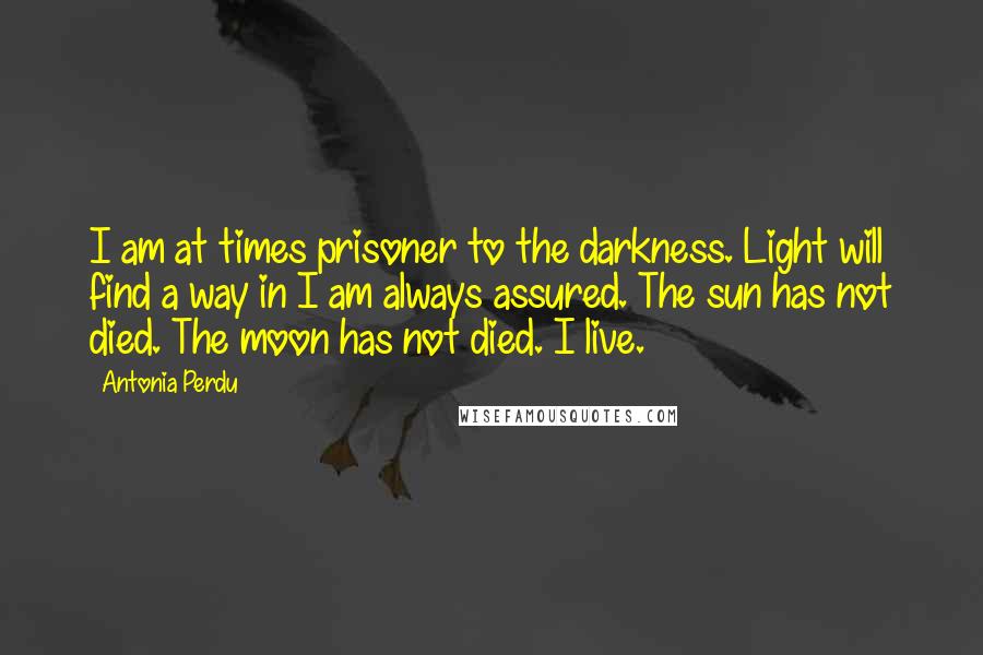 Antonia Perdu Quotes: I am at times prisoner to the darkness. Light will find a way in I am always assured. The sun has not died. The moon has not died. I live.