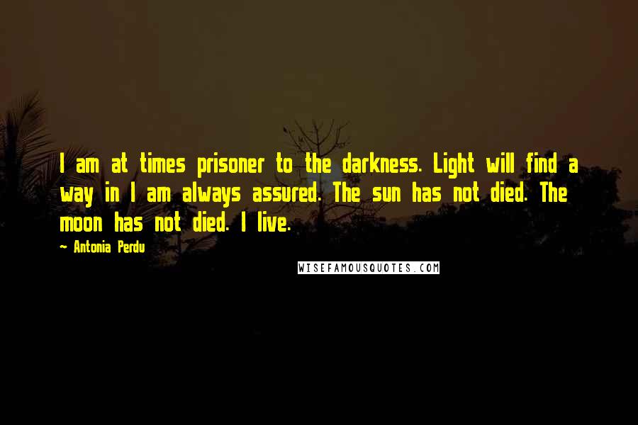 Antonia Perdu Quotes: I am at times prisoner to the darkness. Light will find a way in I am always assured. The sun has not died. The moon has not died. I live.