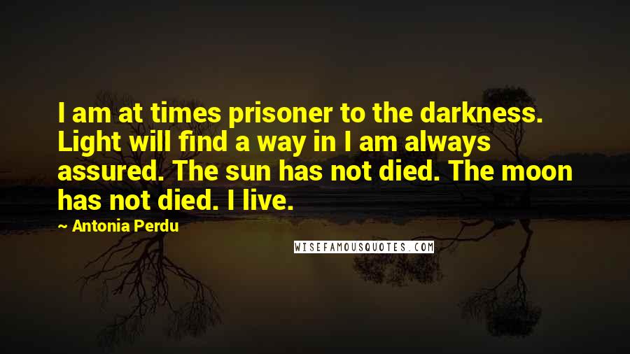 Antonia Perdu Quotes: I am at times prisoner to the darkness. Light will find a way in I am always assured. The sun has not died. The moon has not died. I live.