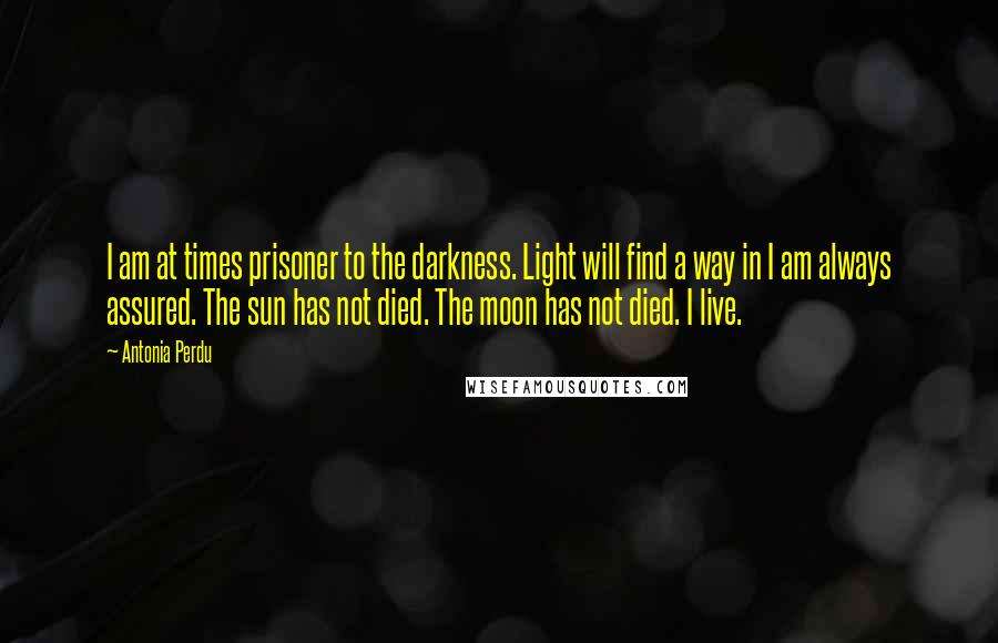 Antonia Perdu Quotes: I am at times prisoner to the darkness. Light will find a way in I am always assured. The sun has not died. The moon has not died. I live.