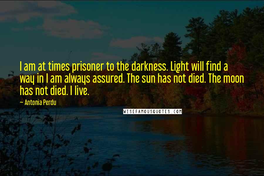 Antonia Perdu Quotes: I am at times prisoner to the darkness. Light will find a way in I am always assured. The sun has not died. The moon has not died. I live.