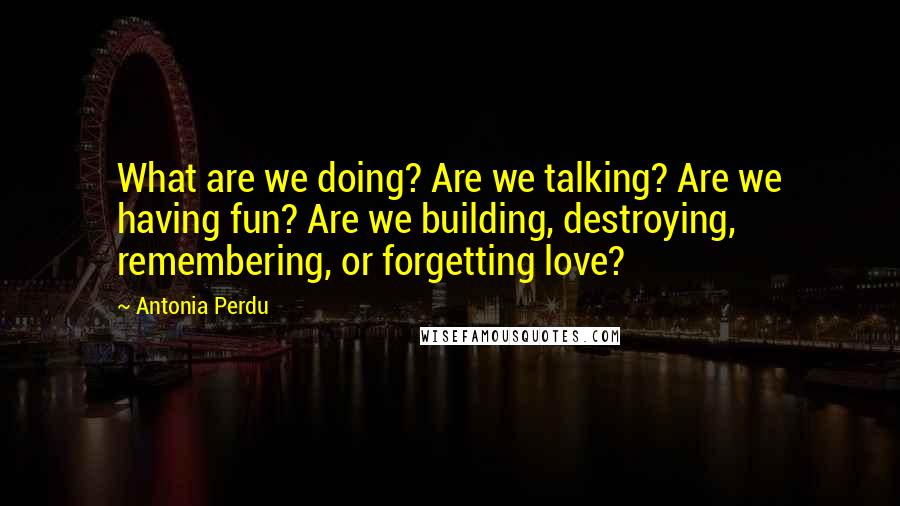 Antonia Perdu Quotes: What are we doing? Are we talking? Are we having fun? Are we building, destroying, remembering, or forgetting love?