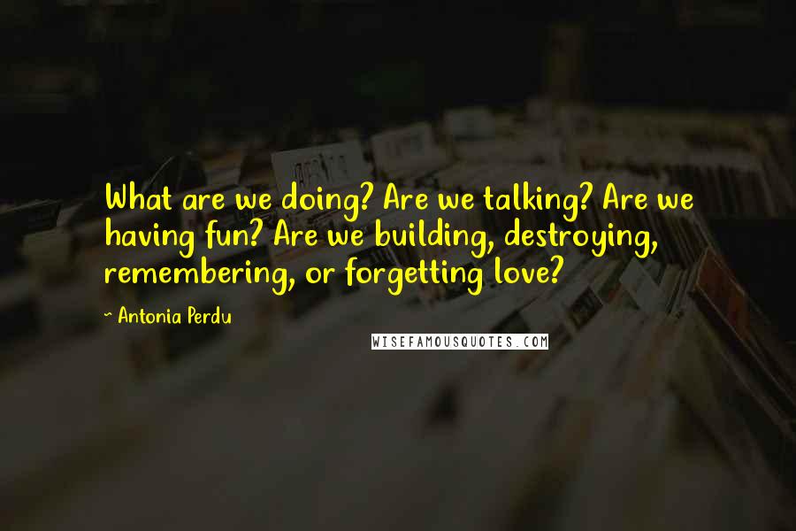 Antonia Perdu Quotes: What are we doing? Are we talking? Are we having fun? Are we building, destroying, remembering, or forgetting love?