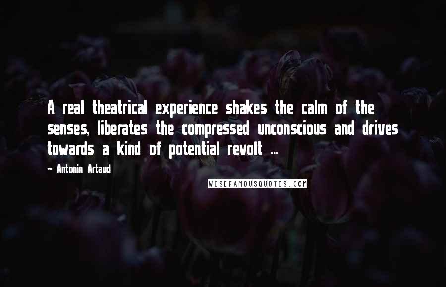 Antonin Artaud Quotes: A real theatrical experience shakes the calm of the senses, liberates the compressed unconscious and drives towards a kind of potential revolt ...