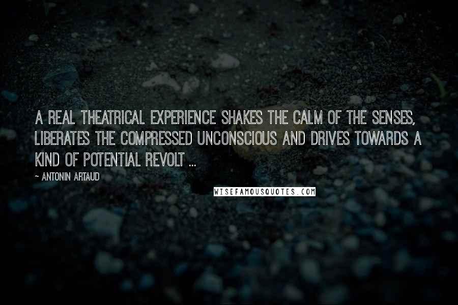 Antonin Artaud Quotes: A real theatrical experience shakes the calm of the senses, liberates the compressed unconscious and drives towards a kind of potential revolt ...