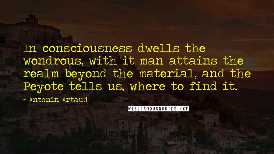 Antonin Artaud Quotes: In consciousness dwells the wondrous, with it man attains the realm beyond the material, and the Peyote tells us, where to find it.