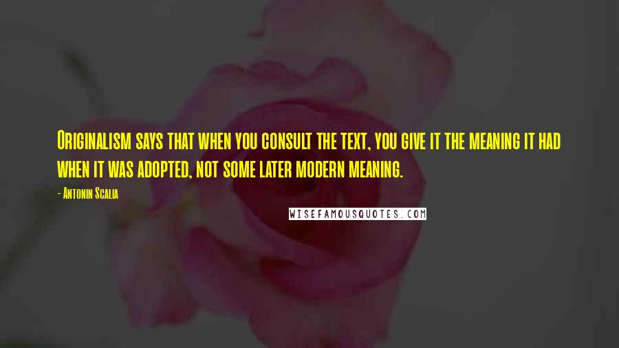 Antonin Scalia Quotes: Originalism says that when you consult the text, you give it the meaning it had when it was adopted, not some later modern meaning.