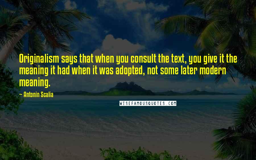 Antonin Scalia Quotes: Originalism says that when you consult the text, you give it the meaning it had when it was adopted, not some later modern meaning.