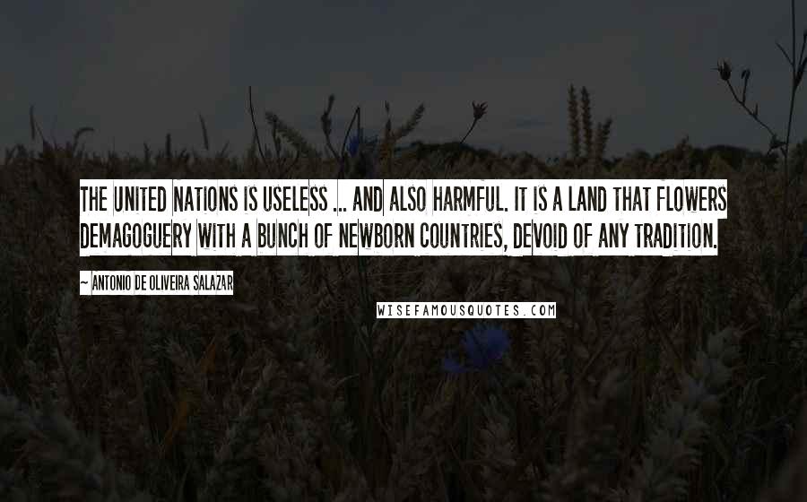 Antonio De Oliveira Salazar Quotes: The United Nations is useless ... and also harmful. It is a land that flowers demagoguery with a bunch of newborn countries, devoid of any tradition.