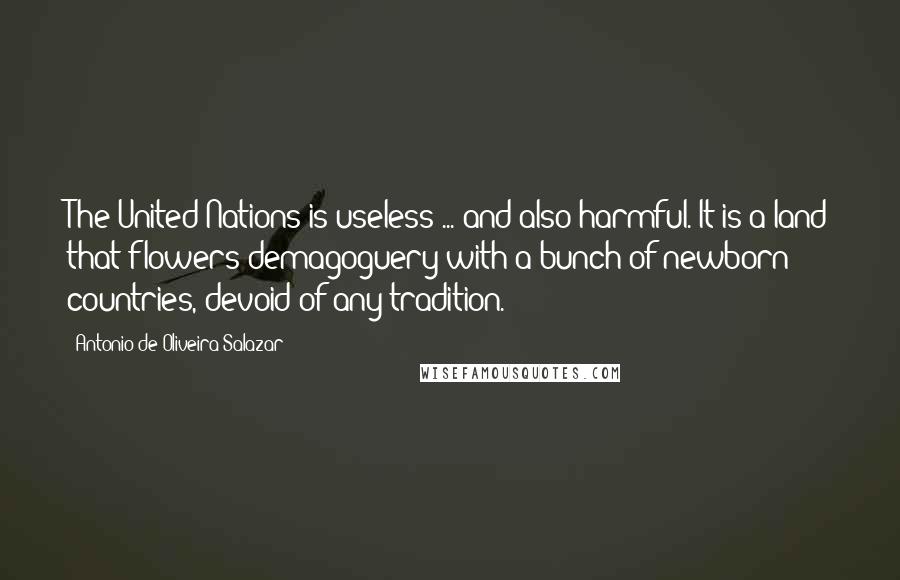 Antonio De Oliveira Salazar Quotes: The United Nations is useless ... and also harmful. It is a land that flowers demagoguery with a bunch of newborn countries, devoid of any tradition.