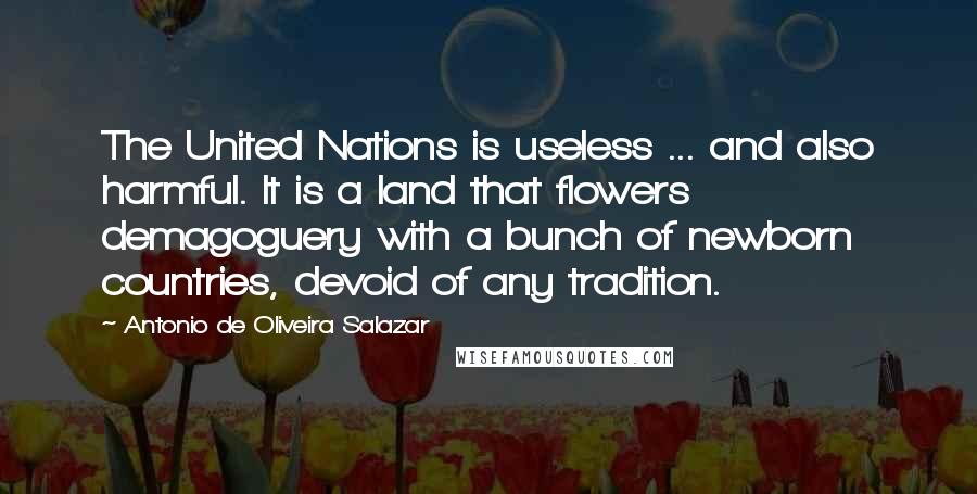 Antonio De Oliveira Salazar Quotes: The United Nations is useless ... and also harmful. It is a land that flowers demagoguery with a bunch of newborn countries, devoid of any tradition.
