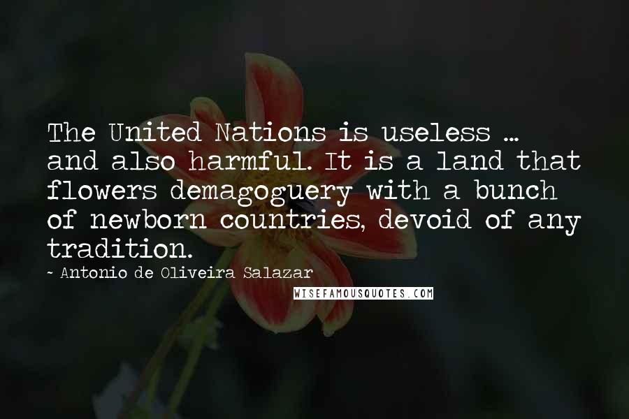 Antonio De Oliveira Salazar Quotes: The United Nations is useless ... and also harmful. It is a land that flowers demagoguery with a bunch of newborn countries, devoid of any tradition.