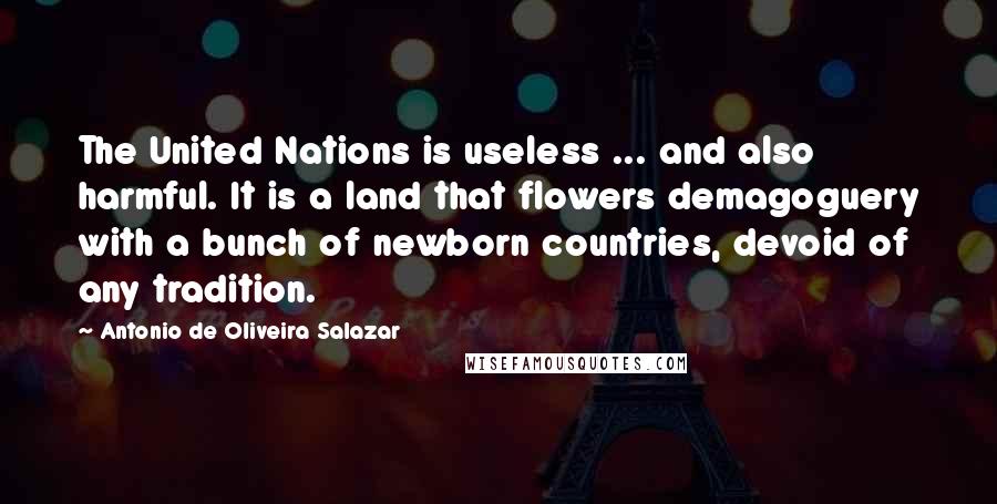 Antonio De Oliveira Salazar Quotes: The United Nations is useless ... and also harmful. It is a land that flowers demagoguery with a bunch of newborn countries, devoid of any tradition.