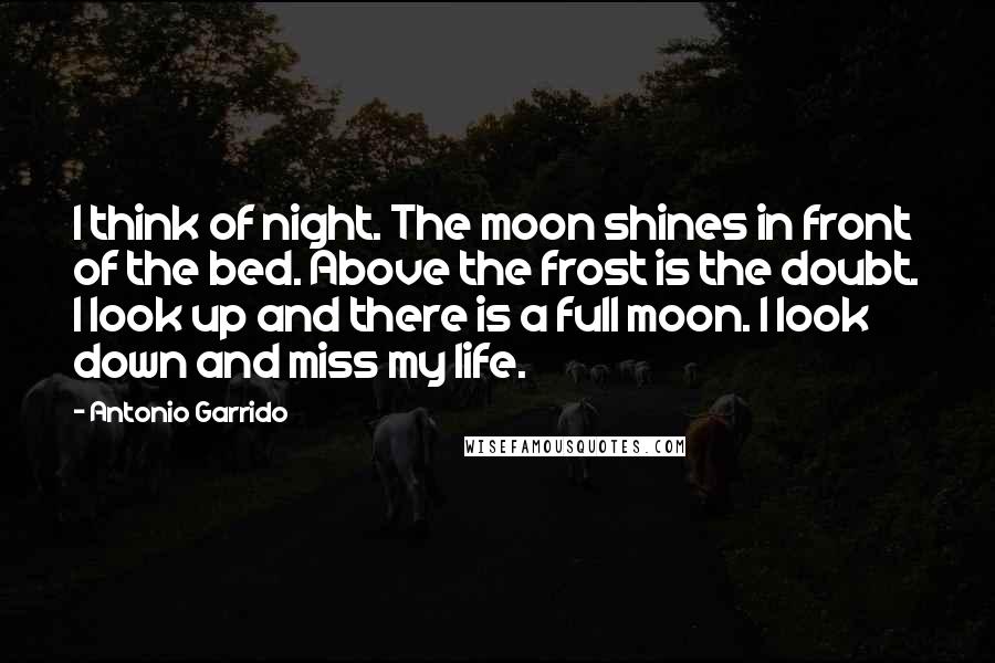 Antonio Garrido Quotes: I think of night. The moon shines in front of the bed. Above the frost is the doubt. I look up and there is a full moon. I look down and miss my life.