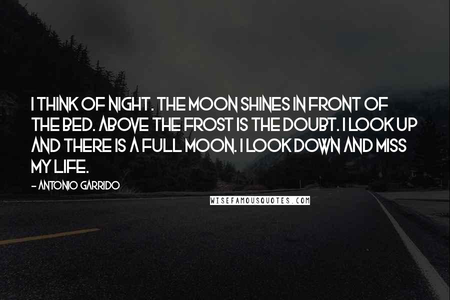 Antonio Garrido Quotes: I think of night. The moon shines in front of the bed. Above the frost is the doubt. I look up and there is a full moon. I look down and miss my life.