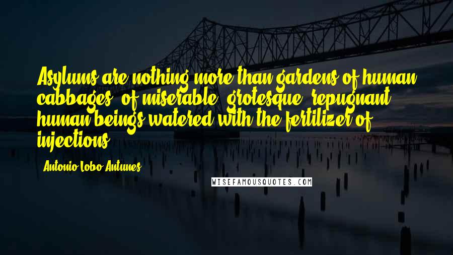 Antonio Lobo Antunes Quotes: Asylums are nothing more than gardens of human cabbages, of miserable, grotesque, repugnant human beings watered with the fertilizer of injections.