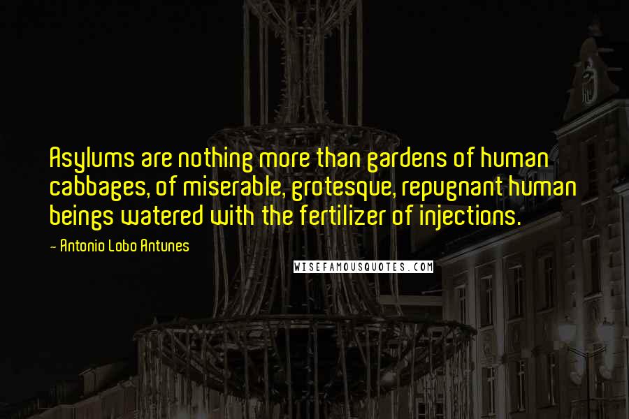 Antonio Lobo Antunes Quotes: Asylums are nothing more than gardens of human cabbages, of miserable, grotesque, repugnant human beings watered with the fertilizer of injections.