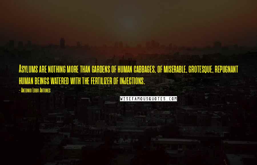 Antonio Lobo Antunes Quotes: Asylums are nothing more than gardens of human cabbages, of miserable, grotesque, repugnant human beings watered with the fertilizer of injections.