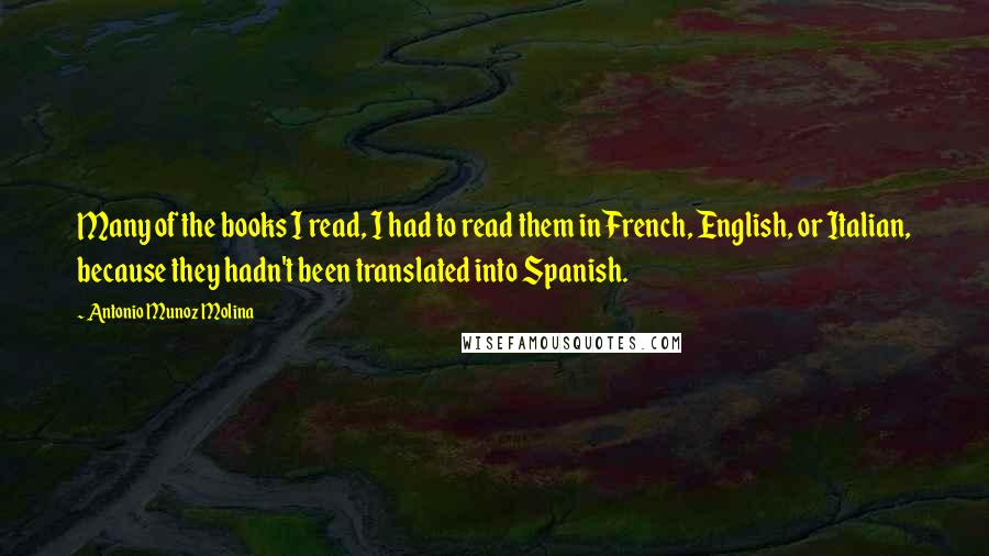 Antonio Munoz Molina Quotes: Many of the books I read, I had to read them in French, English, or Italian, because they hadn't been translated into Spanish.