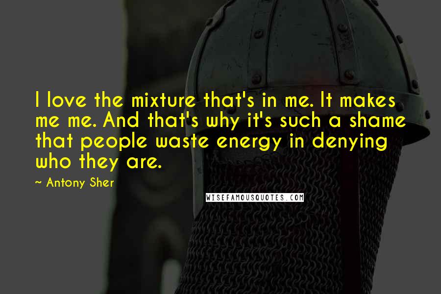 Antony Sher Quotes: I love the mixture that's in me. It makes me me. And that's why it's such a shame that people waste energy in denying who they are.