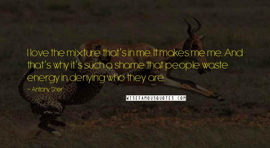 Antony Sher Quotes: I love the mixture that's in me. It makes me me. And that's why it's such a shame that people waste energy in denying who they are.