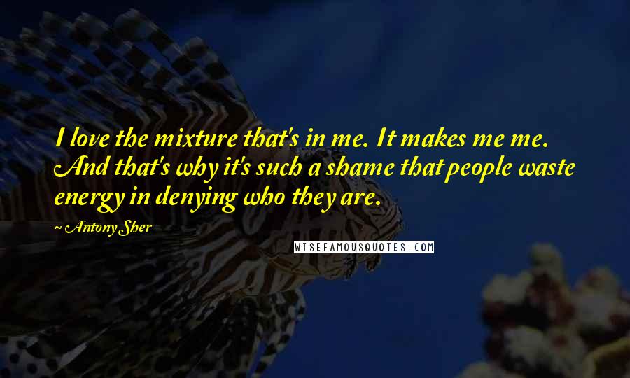 Antony Sher Quotes: I love the mixture that's in me. It makes me me. And that's why it's such a shame that people waste energy in denying who they are.