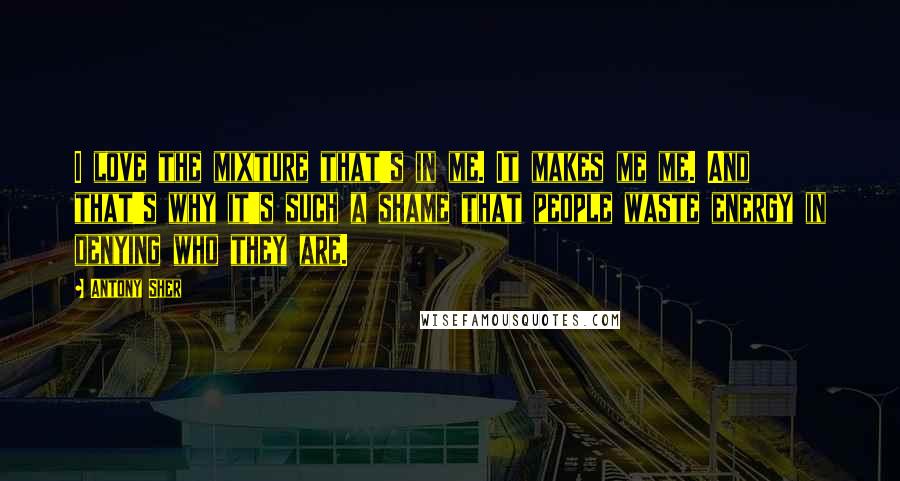 Antony Sher Quotes: I love the mixture that's in me. It makes me me. And that's why it's such a shame that people waste energy in denying who they are.