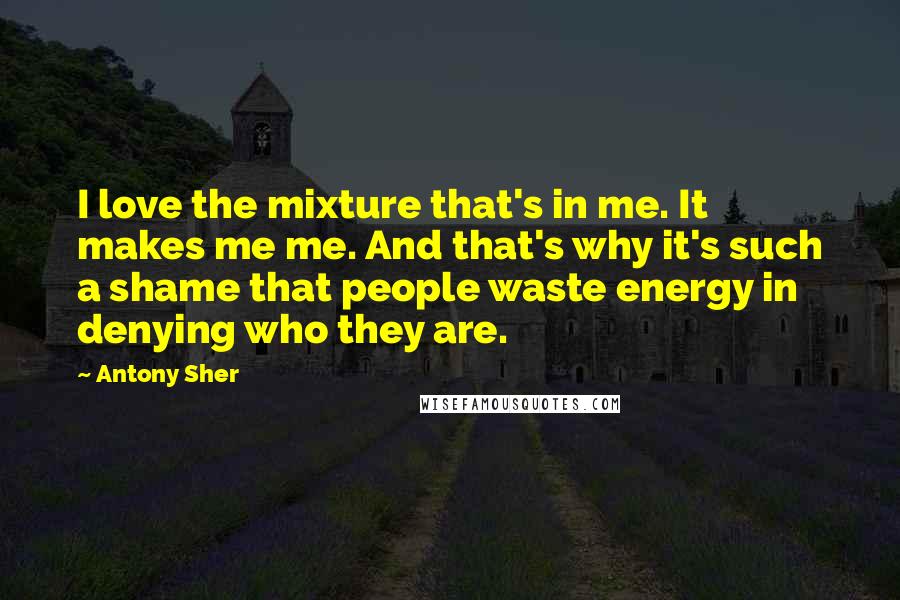 Antony Sher Quotes: I love the mixture that's in me. It makes me me. And that's why it's such a shame that people waste energy in denying who they are.