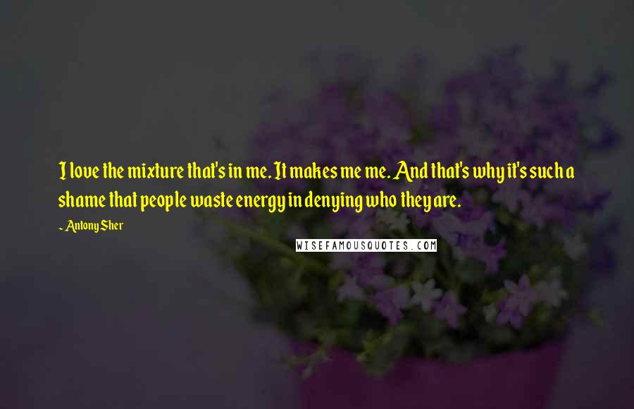 Antony Sher Quotes: I love the mixture that's in me. It makes me me. And that's why it's such a shame that people waste energy in denying who they are.