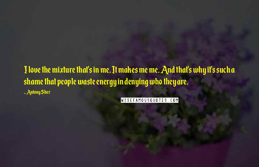 Antony Sher Quotes: I love the mixture that's in me. It makes me me. And that's why it's such a shame that people waste energy in denying who they are.