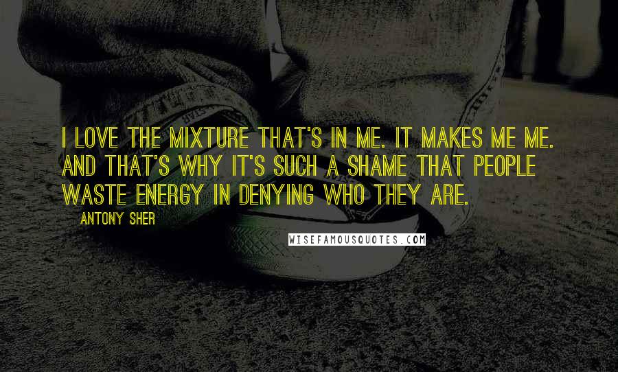 Antony Sher Quotes: I love the mixture that's in me. It makes me me. And that's why it's such a shame that people waste energy in denying who they are.