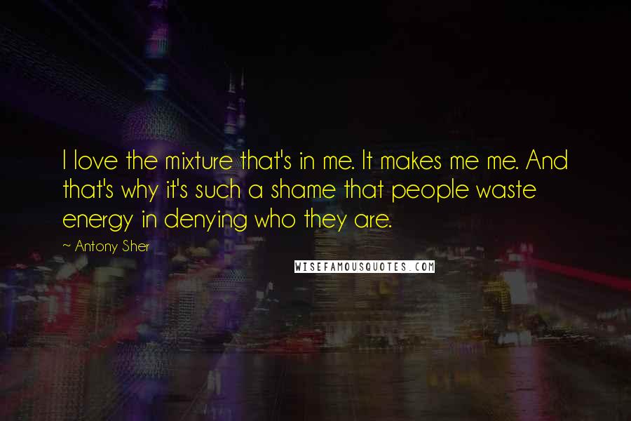 Antony Sher Quotes: I love the mixture that's in me. It makes me me. And that's why it's such a shame that people waste energy in denying who they are.