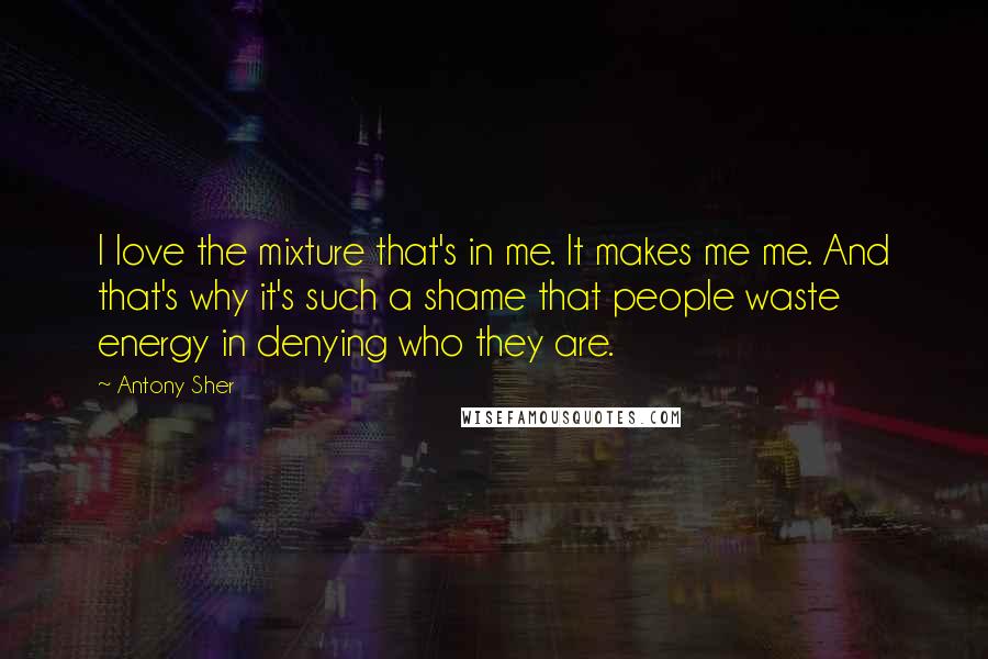 Antony Sher Quotes: I love the mixture that's in me. It makes me me. And that's why it's such a shame that people waste energy in denying who they are.