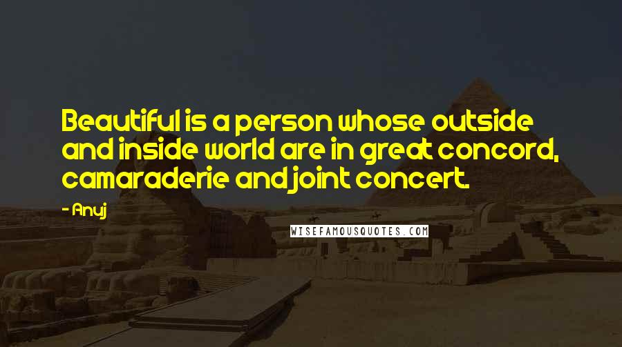 Anuj Quotes: Beautiful is a person whose outside and inside world are in great concord, camaraderie and joint concert.