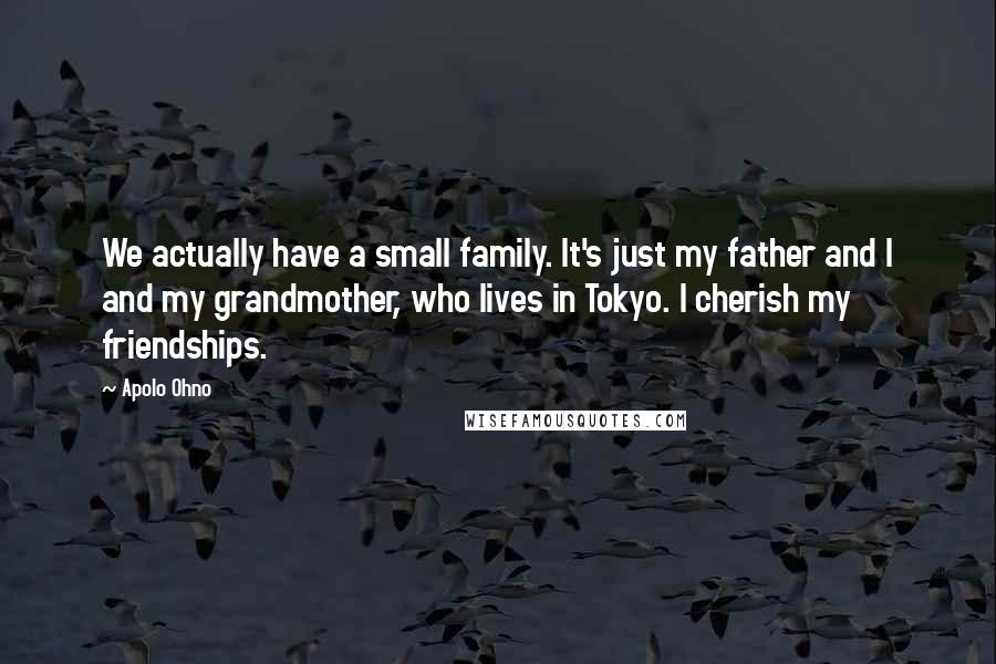 Apolo Ohno Quotes: We actually have a small family. It's just my father and I and my grandmother, who lives in Tokyo. I cherish my friendships.