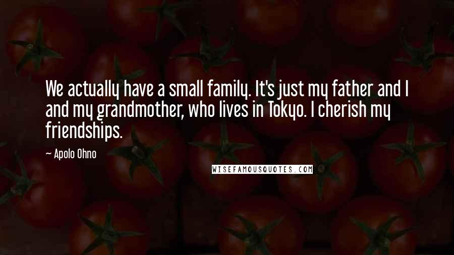 Apolo Ohno Quotes: We actually have a small family. It's just my father and I and my grandmother, who lives in Tokyo. I cherish my friendships.