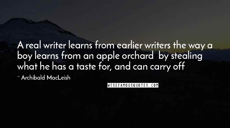 Archibald MacLeish Quotes: A real writer learns from earlier writers the way a boy learns from an apple orchard  by stealing what he has a taste for, and can carry off