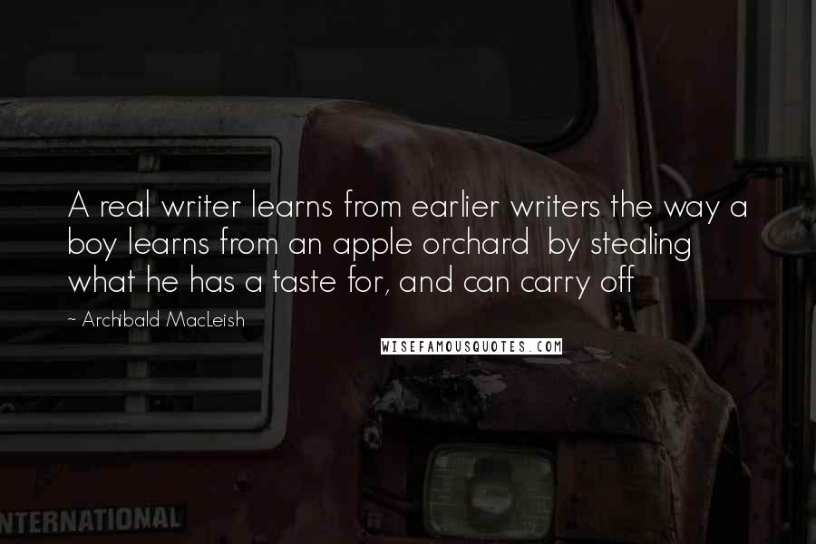 Archibald MacLeish Quotes: A real writer learns from earlier writers the way a boy learns from an apple orchard  by stealing what he has a taste for, and can carry off