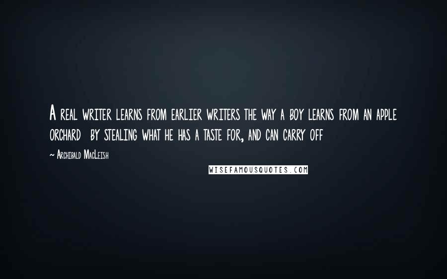 Archibald MacLeish Quotes: A real writer learns from earlier writers the way a boy learns from an apple orchard  by stealing what he has a taste for, and can carry off